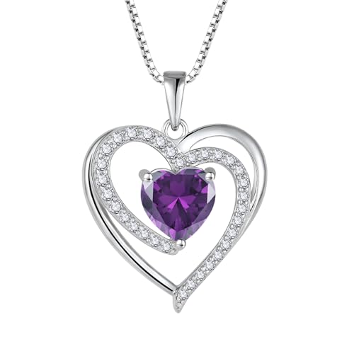 FJ Herz Kette Damen 925 Sterling Silber Amethyst Kette Februar Geburtsstein Halskette Anhänger Schmuck Geschenke für Frauen Mutter Freundin Mama von FJ