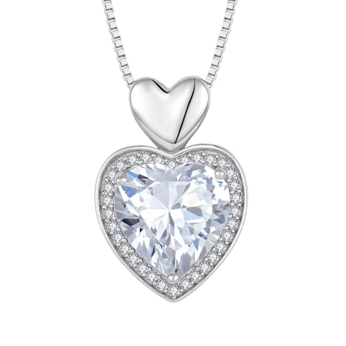 FJ Herz Kette Damen 925 Sterling Silber April Geburtsstein Halskette Zirkonia Anhänger Schmuck Geschenke für Sie Frau Freundin Mama von FJ