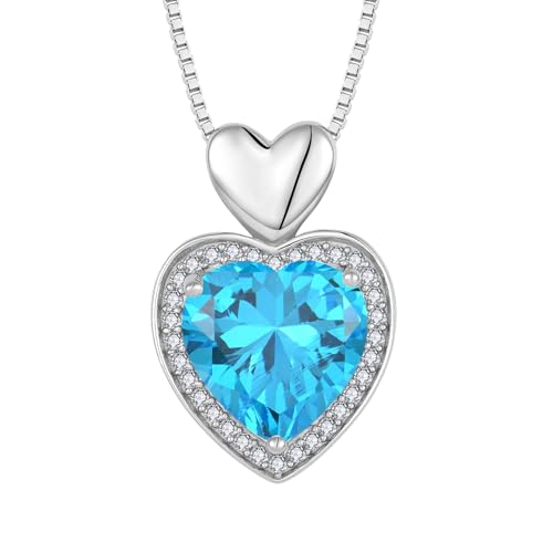 FJ Herz Kette Damen 925 Sterling Silber Aquamarin Halskette März Geburtsstein Anhänger Schmuck Geschenke für Sie Frau Freundin Mama von FJ