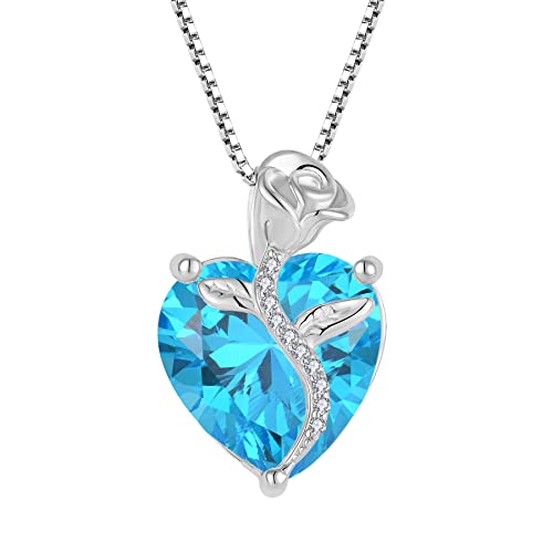 FJ Herz Kette Damen 925 Sterling Silber Aquamarin Kette März Geburtsstein Halskette Anhänger Rose Blume Schmuck Geschenke für Frauen Mutter Freundin Mama von FJ