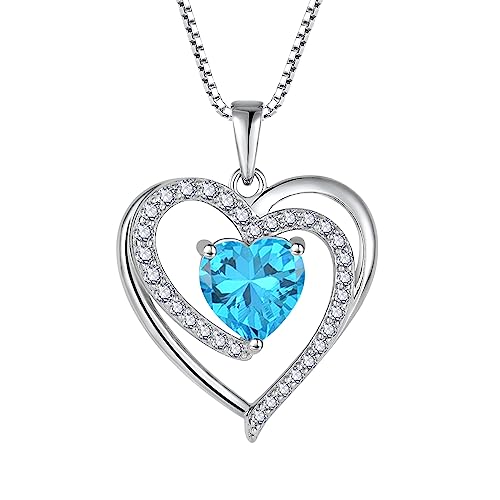 FJ Herz Kette Damen 925 Sterling Silber Aquamarin Kette März Geburtsstein Halskette Anhänger Schmuck Geschenke für Frauen Mutter Freundin Mama von FJ