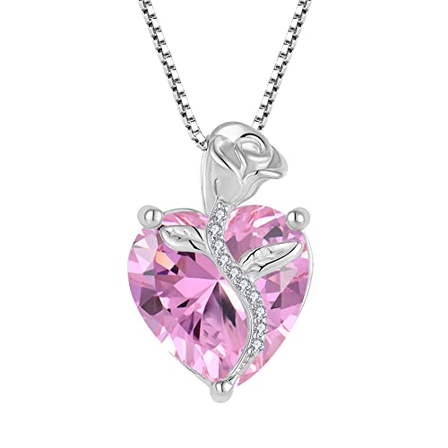 FJ Herz Kette Damen 925 Sterling Silber Rosa Turmalin Kette Oktober Geburtsstein Halskette Anhänger Rose Blume Schmuck Geschenke für Frauen Mutter Freundin Mama von FJ