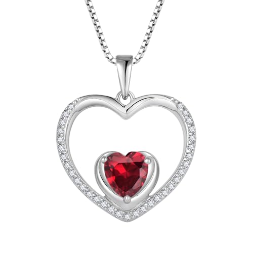 FJ Herz Kette Damen 925 Sterling Silber Rubin Kette Juli Geburtsstein Halskette Anhänger Edelstein Schmuck für Frauen Mutter Freundin Mama von FJ