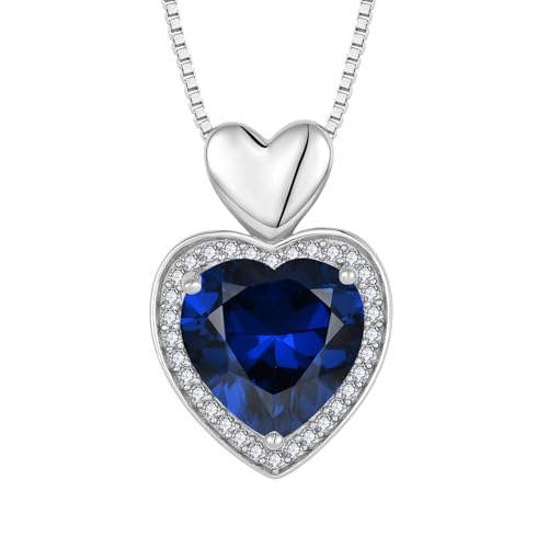 FJ Herz Kette Damen 925 Sterling Silber Saphir Halskette September Geburtsstein Anhänger Schmuck Geschenke für Sie Frau Freundin Mama von FJ
