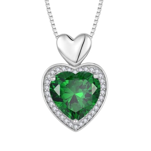 FJ Herz Kette Damen 925 Sterling Silber Smaragd Halskette Mai Geburtsstein Anhänger Schmuck Geschenke für Sie Frau Freundin Mama von FJ
