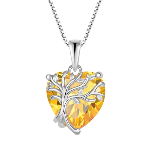 FJ Herz Lebensbaum Kette Damen 925 Sterling Silber Baum des Lebens Halskette Citrin Anhänger November Geburtsstein Schmuck Geschenke für Frauen von FJ