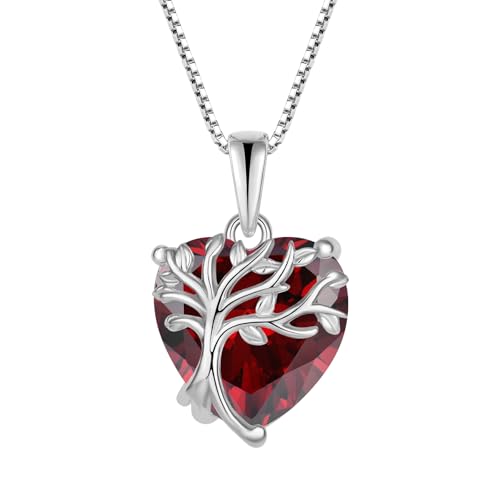 FJ Herz Lebensbaum Kette Damen 925 Sterling Silber Baum des Lebens Halskette Granat Anhänger Januar Geburtsstein Schmuck Geschenke für Frauen von FJ