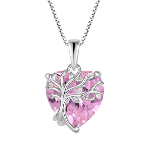 FJ Herz Lebensbaum Kette Damen 925 Sterling Silber Baum des Lebens Halskette Rosa Turmalin Anhänger Oktober Geburtsstein Schmuck Geschenke für Frauen von FJ