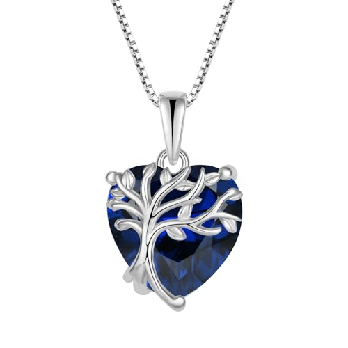 FJ Herz Lebensbaum Kette Damen 925 Sterling Silber Baum des Lebens Halskette Saphir Anhänger September Geburtsstein Schmuck Geschenke für Frauen von FJ