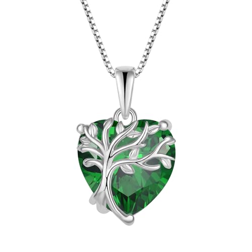 FJ Herz Lebensbaum Kette Damen 925 Sterling Silber Baum des Lebens Halskette Smaragd Anhänger Mai Geburtsstein Schmuck Geschenke für Frauen von FJ