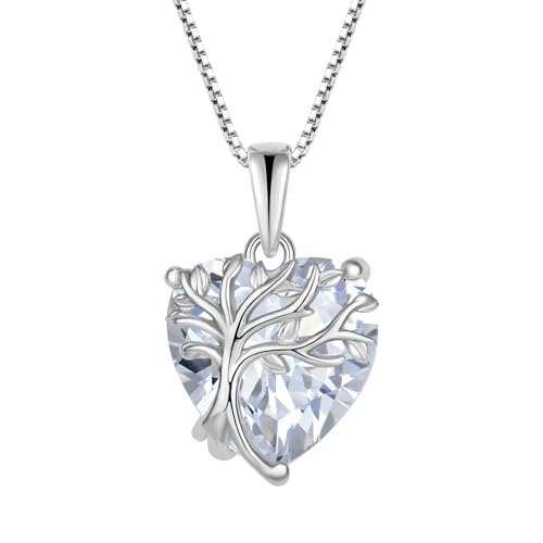 FJ Herz Lebensbaum Kette Damen 925 Sterling Silber Baum des Lebens Halskette Zirkonia Anhänger April Geburtsstein Schmuck Geschenke für Frauen von FJ