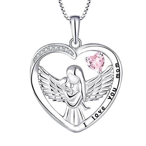 FJ Herz Mama Kette Mutter Tochter Kette Damen 925 Sterling Silber Mutter und Kind Anhänger Schutzengel Halskette mit Oktober Rosa Turmalin Geburtsstein Schmuck Geschenke für Mutter Mama von FJ