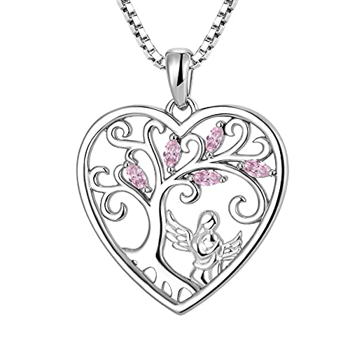 FJ Herz Mutter Tochter Kette Anhänger 925 Sterling Silber Schutzengel Halskette Baum des Lebens Kette Rosa Turmalin Oktober Geburtsstein Schmuck Geschenke für Frauen Mutter von FJ