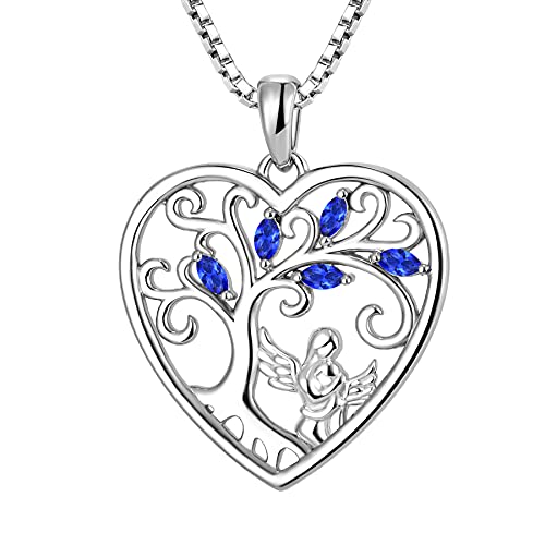 FJ Herz Mutter Tochter Kette Anhänger 925 Sterling Silber Schutzengel Halskette Baum des Lebens Kette Saphir September Geburtsstein Schmuck Geschenke für Frauen Mutter von FJ