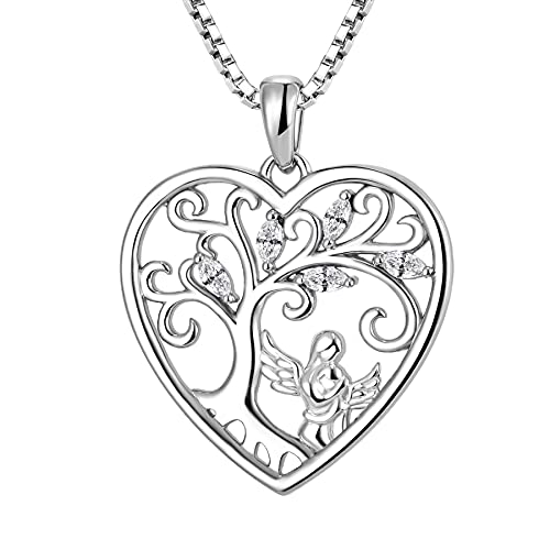 FJ Herz Mutter Tochter Kette Anhänger 925 Sterling Silber Schutzengel Halskette Baum des Lebens Kette April Geburtsstein Weiß Zirkonia Schmuck Geschenke für Frauen Mutter von FJ