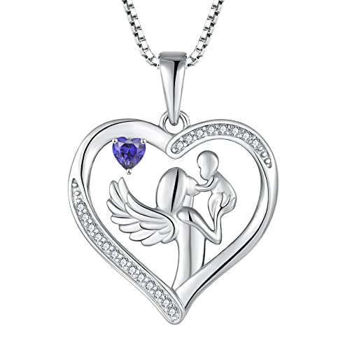 FJ Herz Mutter und Tochter Sohn Kette Mama 925 Sterling Silber Schutzengel Anhänger Halskette mit Dezember Geburtsstein Tansanit Schmuck Geschenke für Mutter Mama Frauen von FJ