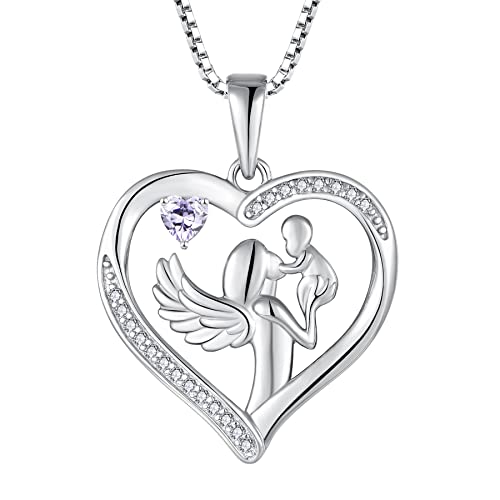 FJ Herz Mutter und Tochter Sohn Kette Mama 925 Sterling Silber Schutzengel Anhänger Halskette mit Juni Geburtsstein Alexandrit Schmuck Geschenke für Mutter Mama Frauen von FJ