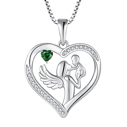 FJ Herz Mutter und Tochter Sohn Kette Mama 925 Sterling Silber Schutzengel Anhänger Halskette mit Mai Geburtsstein Smaragd Schmuck Geschenke für Mutter Mama Frauen von FJ