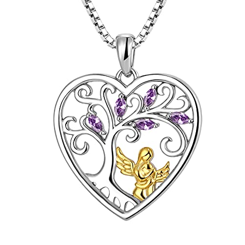 FJ Herz Mutter Tochter Kette Anhänger 925 Sterling Silber Schutzengel Halskette Baum des Lebens Kette Amethyst Februar Geburtsstein Schmuck Geschenke für Frauen Mutter von FJ