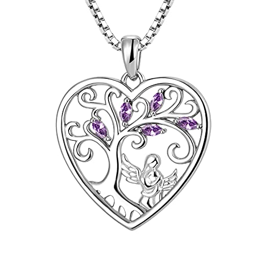 FJ Herz Mutter Tochter Kette Anhänger 925 Sterling Silber Schutzengel Halskette Baum des Lebens Kette Amethyst Februar Geburtsstein Schmuck Geschenke für Frauen Mutter von FJ