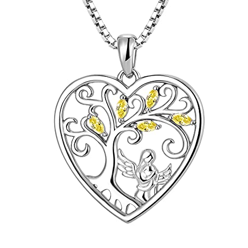 FJ Herz Mutter Tochter Kette Anhänger 925 Sterling Silber Schutzengel Halskette Baum des Lebens Kette Citrin November Geburtsstein Schmuck Geschenke für Frauen Mutter von FJ