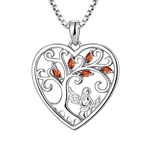 FJ Herz Mutter Tochter Kette Anhänger 925 Sterling Silber Schutzengel Halskette Baum des Lebens Kette Granat Januar Geburtsstein Schmuck Geschenke für Frauen Mutter von FJ