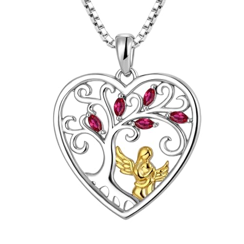 FJ Herz Mutter Tochter Kette Anhänger 925 Sterling Silber Schutzengel Halskette Baum des Lebens Kette Rubin Juli Geburtsstein Schmuck Geschenke für Frauen Mutter von FJ