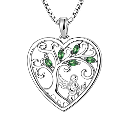 FJ Herz Mutter Tochter Kette Anhänger 925 Sterling Silber Schutzengel Halskette Baum des Lebens Kette Smaragd Mai Geburtsstein Schmuck Geschenke für Frauen Mutter von FJ