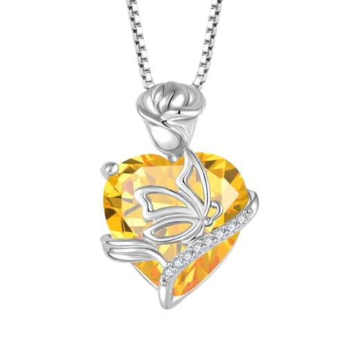 FJ Herz November Geburtsstein Kette Damen 925 Sterling Silber Citrin Kette Anhänger Schmetterling Rose Blume Halskette Schmuck Geschenke für Damen Frauen Mutter Freundin Mama von FJ