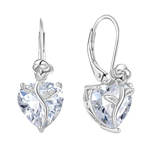 FJ Herz Ohrringe Damen April Geburtsstein 925 Sterling Silber Hängend Rose Blume Schmuck Geschenke für Frauen Mutter Freundin Mama von FJ