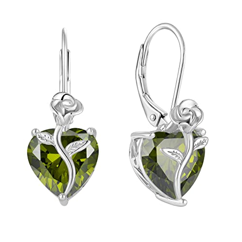 FJ Herz Ohrringe Damen Peridot August Geburtsstein 925 Sterling Silber Hängend Rose Blume Schmuck Geschenke für Frauen Mutter Freundin Mama von FJ