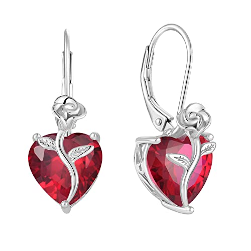 FJ Herz Ohrringe Damen Rubin Juli Geburtsstein Ohrringe 925 Sterling Silber Hängend Ohrringe Rose Blume Schmuck Geschenke für Damen Frauen Mutter Freundin Mama von FJ