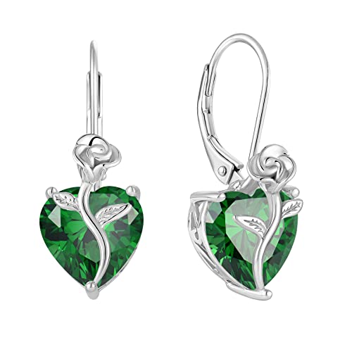 FJ Herz Ohrringe Damen Smaragd Mai Geburtsstein Ohrringe 925 Sterling Silber Hängend Ohrringe Rose Blume Schmuck Geschenke für Damen Frauen Mutter Freundin Mama von FJ