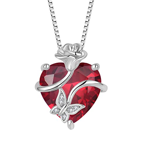 FJ Herz Rubin Kette Juli Geburtsstein Halskette Damen 925 Sterling Silber Schmetterling Kette Anhänger Rose Blume Schmuck Geschenke für Frauen Mutter Freundin Mama von FJ