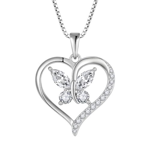 FJ Herz Schmetterling Kette Damen 925 Sterling Silber April Geburtsstein Kette Anhänger Edelstein Schmuck für Frauen Mutter Freundin Mama von FJ