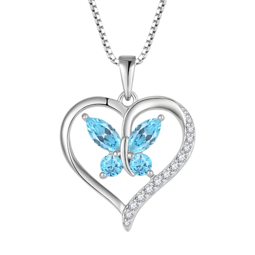 FJ Herz Schmetterling Kette Damen 925 Sterling Silber Aquamarin Kette März Geburtsstein Halskette Anhänger Edelstein Schmuck für Frauen Mutter Freundin Mama von FJ