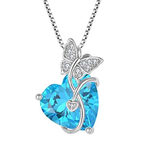 FJ Herz Schmetterling Kette Damen 925 Sterling Silber Aquamarin Kette März Geburtsstein Halskette Anhänger Schmuck Geschenke für Frauen Mutter Freundin Mama von FJ