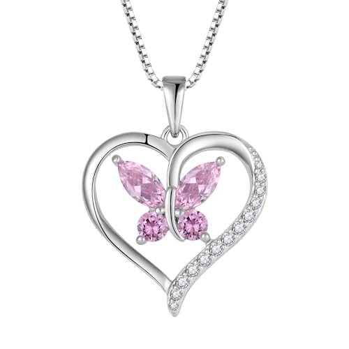 FJ Herz Schmetterling Kette Damen 925 Sterling Silber Rosa Turmalin Kette Oktober Geburtsstein Halskette Anhänger Edelstein Schmuck für Frauen Mutter Freundin Mama von FJ