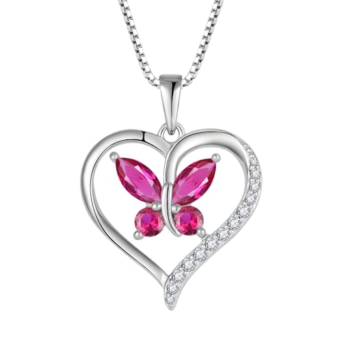 FJ Herz Schmetterling Kette Damen 925 Sterling Silber Rubin Kette Juli Geburtsstein Halskette Anhänger Edelstein Schmuck für Frauen Mutter Freundin Mama von FJ