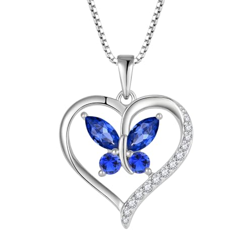 FJ Herz Schmetterling Kette Damen 925 Sterling Silber Saphir Kette September Geburtsstein Halskette Anhänger Edelstein Schmuck für Frauen Mutter Freundin Mama von FJ