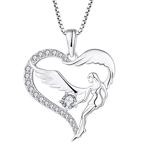 FJ Herz Schutzengel Halskette Damen 925 Sterling Silber Engelsflügel Kette Anhänger Weiß Zirkonia April Geburtsstein Halskette Schmuck Geschenke für Frauen Mädchen von FJ