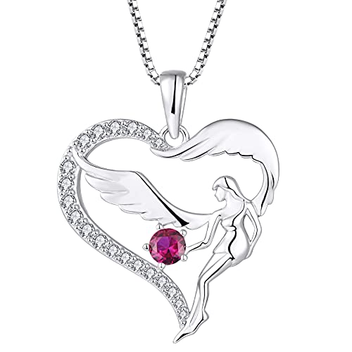 FJ Herz Schutzengel Halskette Damen 925 Sterling Silber Engelsflügel Kette Anhänger Rubin Juli Geburtsstein Halskette Schmuck Geschenke für Frauen Mädchen von FJ