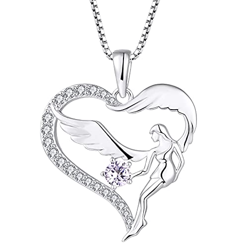 FJ Herz Schutzengel Halskette Damen 925 Sterling Silber Engelsflügel Kette Anhänger Alexandrit Juni Geburtsstein Halskette Schmuck Geschenke für Frauen Mädchen von FJ