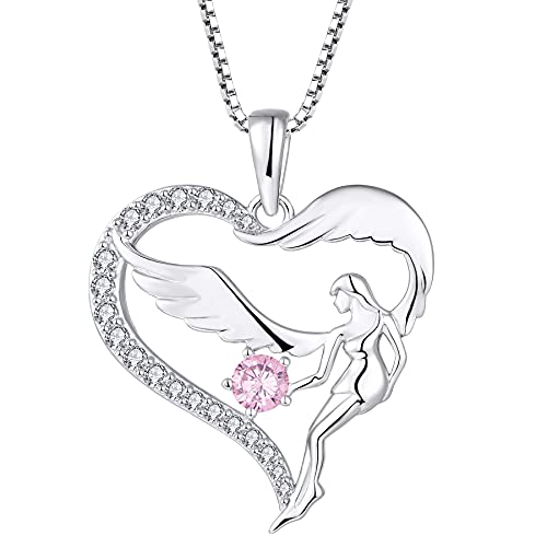 FJ Herz Schutzengel Halskette Damen 925 Sterling Silber Engelsflügel Kette Anhänger Rosa Turmalin Oktober Geburtsstein Halskette Schmuck Geschenke für Frauen Mädchen von FJ