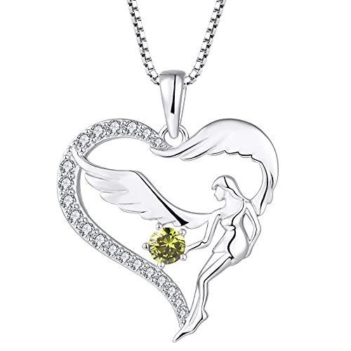 FJ Herz Schutzengel Halskette Damen 925 Sterling Silber Engelsflügel Kette Anhänger Peridot Halskette August Geburtsstein Schmuck Geschenke für Frauen von FJ