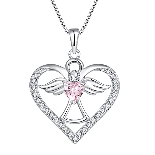 FJ Herz Schutzengel Kette Damen 925 Sterling Silber Engel Engelsflügel Halskette Anhänger Rosa Turmalin Oktober Geburtsstein Kette Schmuck Geschenke für Frauen Mädchen von FJ