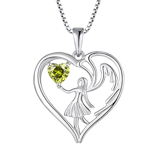 FJ Herz Schutzengel Kette Damen 925 Sterling Silber Engelsflügel Anhänger Halskette mit August Geburtsstein Peridot Schmuck Geschenke für Frauen Mädchen von FJ