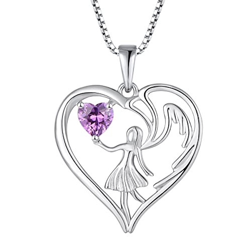 FJ Herz Schutzengel Kette Damen 925 Sterling Silber Engelsflügel Anhänger Halskette mit Februar Geburtsstein Amethyst Schmuck Geschenke für Frauen Mädchen von FJ