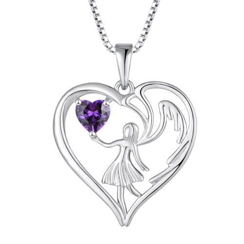 FJ Herz Schutzengel Kette Damen 925 Sterling Silber Engelsflügel Anhänger Halskette mit Februar Geburtsstein Amethyst Schmuck Geschenke für Frauen Mädchen von FJ
