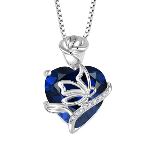 FJ Herz September Geburtsstein Kette Damen 925 Sterling Silber Saphir Kette Anhänger Schmetterling Rose Blume Halskette Schmuck Geschenke für Damen Frauen Mutter Freundin Mama von FJ